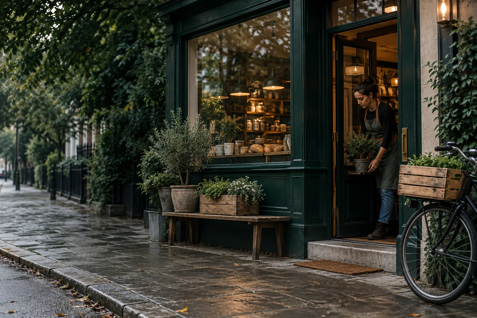 An independent shop owner preparing a neighborhood storefront