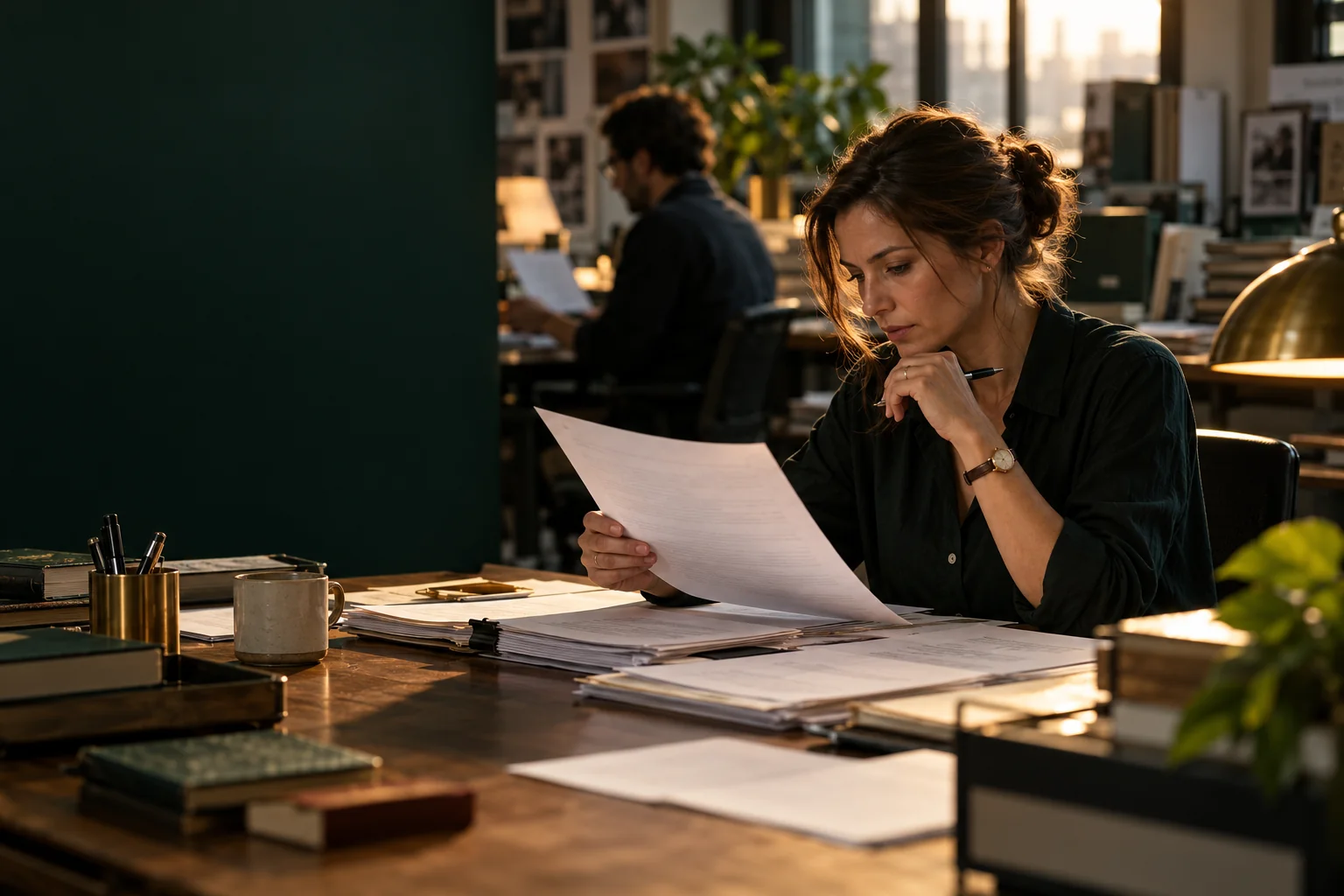 An editor reviewing an approved release at a newsroom desk